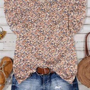 SHEIN Peach Ditsy Floral Flutter Sleeve Blouse